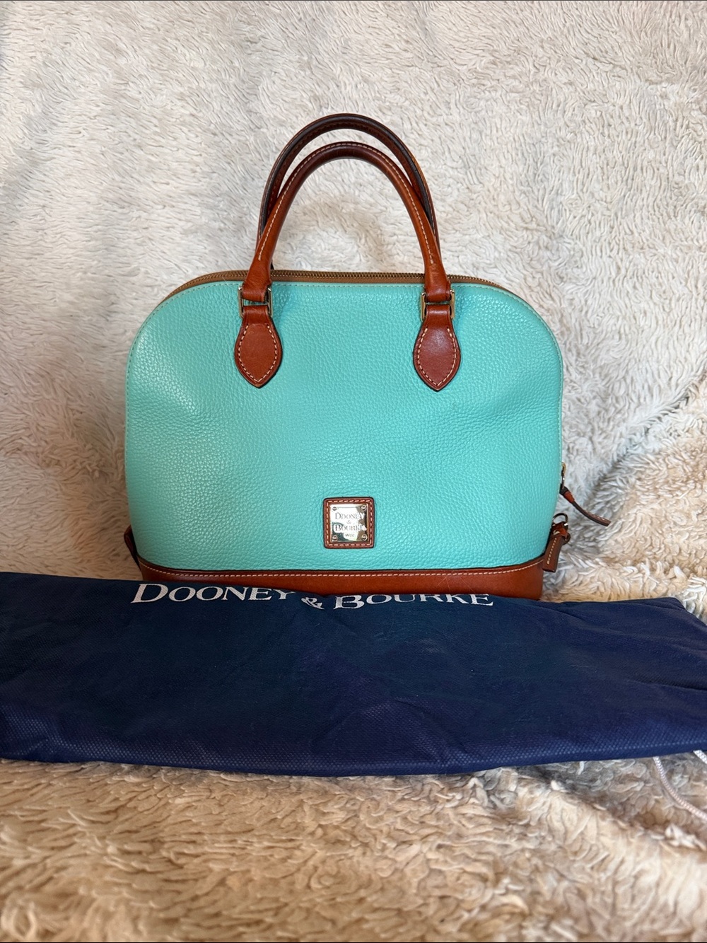 Dooney & Bourke Aqua Pebble Leather Satchel with Brown Trim and Handles - Picture 2 of 13